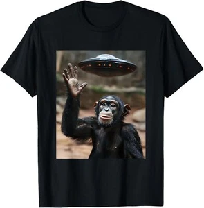 Chimpanzee Monkey Selfie with UFOs Aliens Funny Graphic T-Shirt Hoodie - Picture 1 of 19