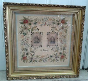 AMAZING RARE LARGE ANTIQUE 1884 SAMPLER "SACRED & HOLY HEART OF JESUS and MARY" - Picture 1 of 12