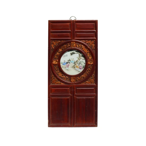 Chinese Vintage Round Porcelain Scenery Wood Wall Panel Art cs4186 Cover