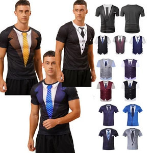 Men 3D Print Fake Tuxedo Gentleman Suit Short Sleeve T Shirt Bowtie Vest AU - Picture 1 of 107