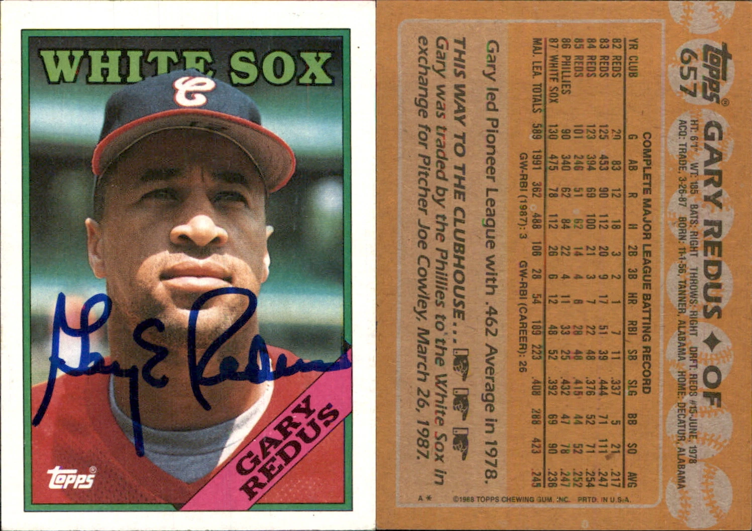 Gary Redus Signed 1988 Topps #657 Card Chicago White Sox Auto AU