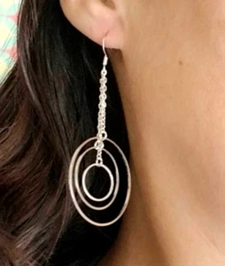 Silver Hoop Earrings, Hoop & Chain Earrings, Triple Hoop Earrings, Dangle, Retro - Picture 1 of 9