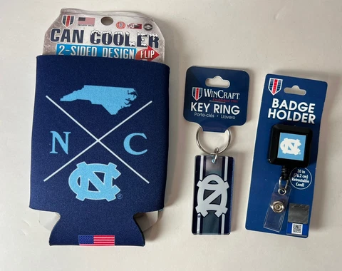 North Carolina UNC LOT Gift Set of 3 Can Coozie, Key Ring, Badge Reel ID Holder Cover