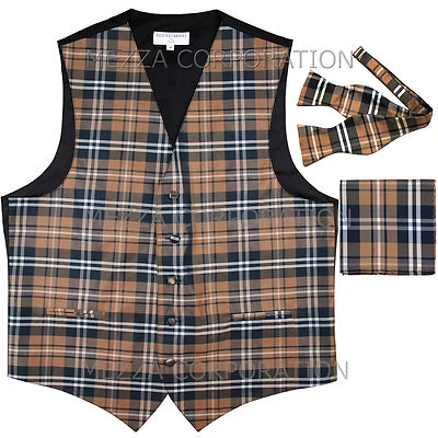 New Vesuvio Napoli Men's plaid Tuxedo Vest_Self Tie Bowtie & Hankie set Brown - Image 1 of 4