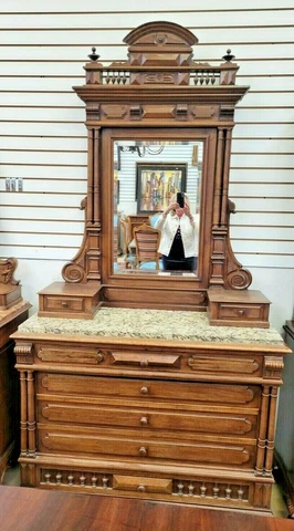 Antique French Vanity Dressing Commode Dresser Mirror Walnut 1800's Marble Top Cover