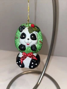 Vtg 1986 GIFTCO Panda Bear Porcelain Holiday Wreath BELL Ornament Figurine ~3" - Picture 1 of 6