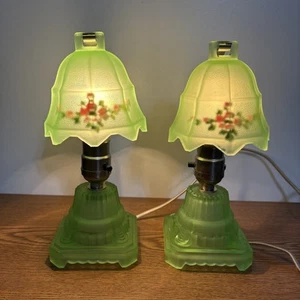Vintage Frost Uranium Glass Set Of 2 Night Light Lamps Inside Paint Bell Shades - Picture 1 of 20