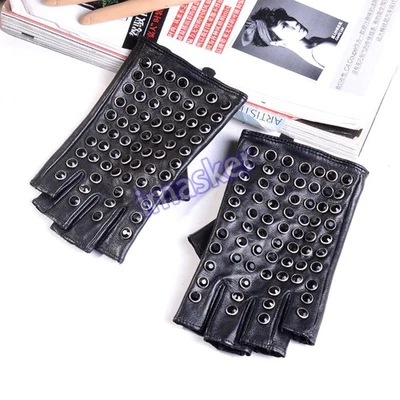 Guantes guantes remaches sin dedos semidedos de cuero real de moda para mujer y mujer Foto 1 de 4