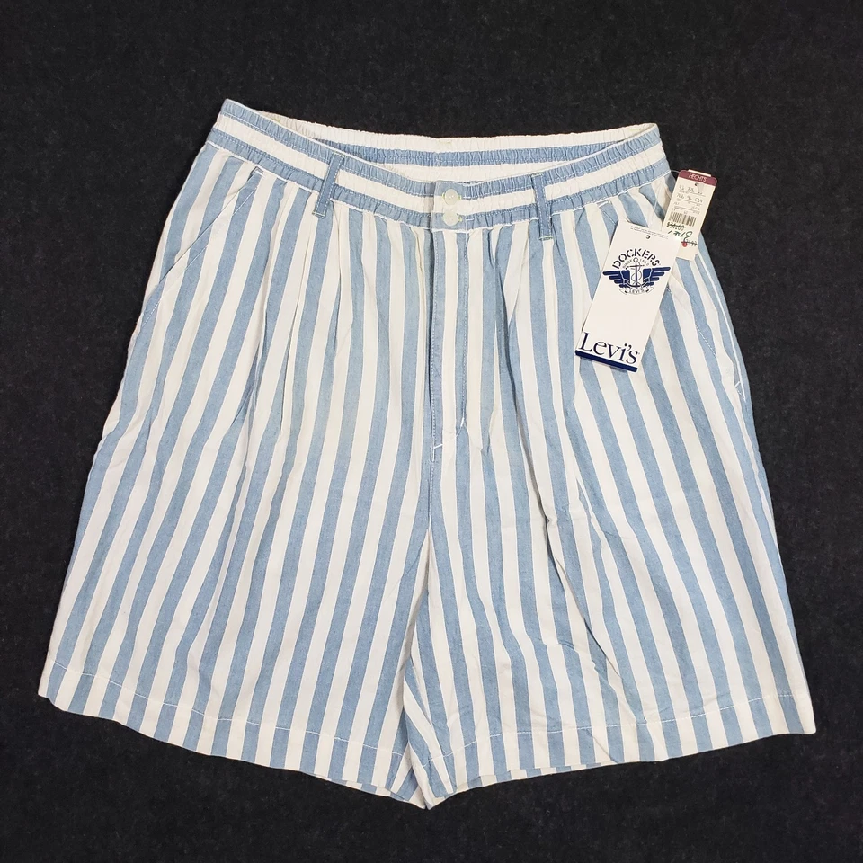 NUEVO CON ETIQUETAS Pantalones Cortos Dockers De Colección Para Hombres L Azul Rayas Algodón Cintura Elástica Plisada LEER Foto 1 de 4