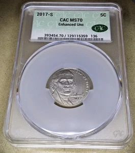 2017-S 5¢ Enhanced Jefferson Nickel-CAC MS70 - Picture 1 of 4