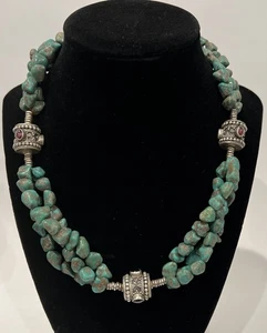 Navajo Sterling Green Turquoise Nugget 3 Strand Necklace Garnets 18” 113.3g Rare - Picture 1 of 9