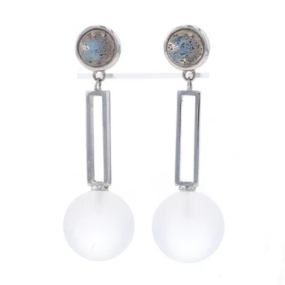 Pendientes colgantes de labradorita de ley y cuarzo blanco 925 cabujón redondo geométrico Foto 1 de 4