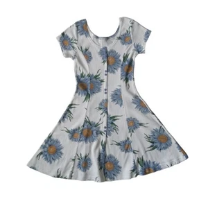 Vintage White With Blue Sunflower Allover Print Cap Sleeve Ribbed Summer Dress - Picture 1 of 12