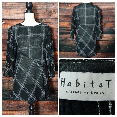 Habitat Tunic Top XS Boho Linen Blend Black White Asymmetrical Plaid 3/4 Sleeve  - Image 1 of 4