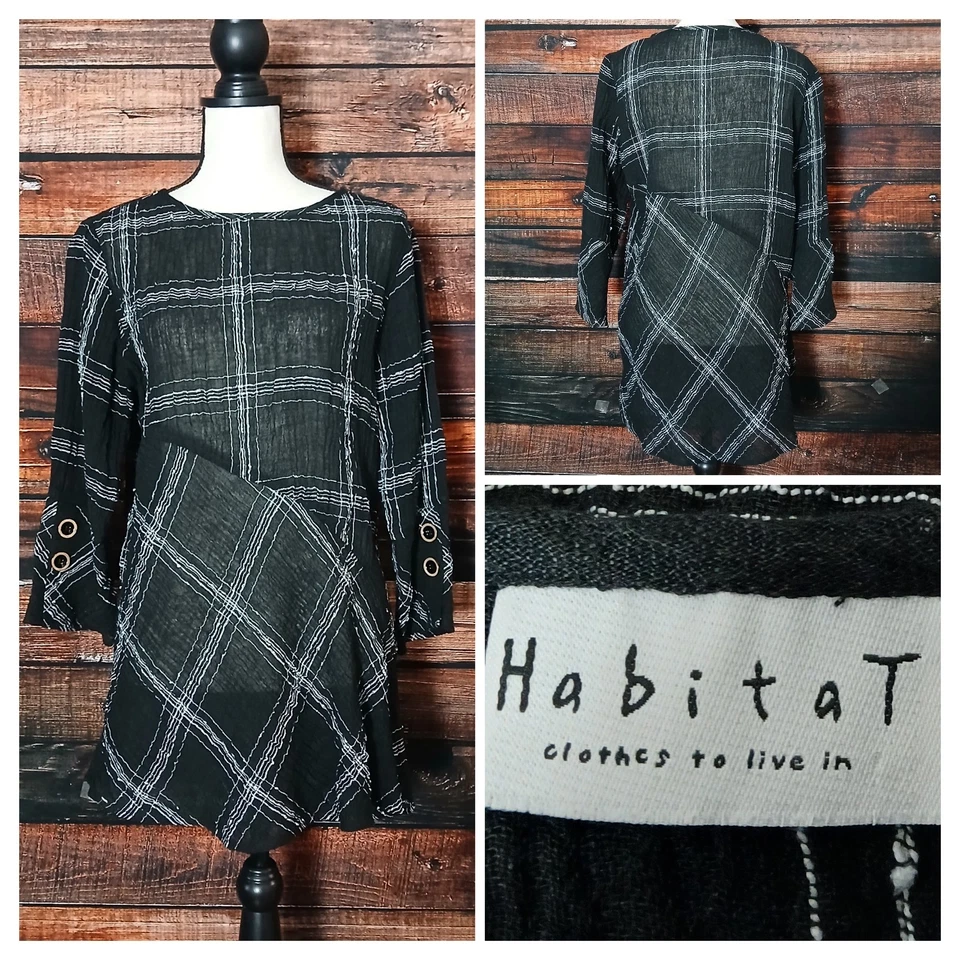 Habitat Tunic Top XS Boho Linen Blend Black White Asymmetrical Plaid 3/4 Sleeve  - Image 1 of 4