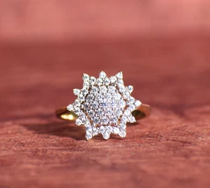 Cluster Flower Shape Ring With CZ Round Cut 14K Yellow Gold Tone Hexagon Ring - Picture 1 of 11