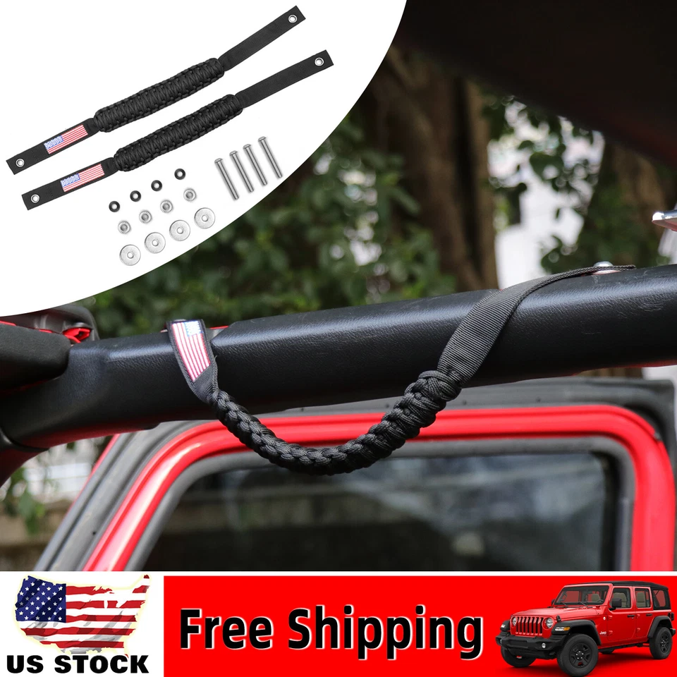 2PCS Black Roll Bar Paracord Grip Handles For Jeep Wrangler JL JT 4XE 2018-2023 Foto 1 de 4