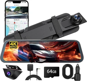 12“ Mirror Dash Cam 4K Front 1080P Rear Wi-Fi APP GPS WDR G-Sensor + 64 GB CARD - Picture 1 of 8
