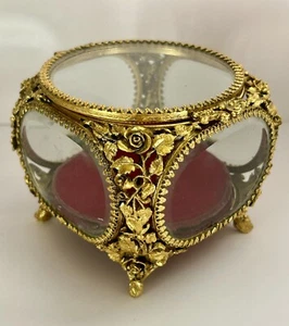Vintage, Matson, Roses, Ormolu, Gilt, Beveled, Casket, Jewelry Box, Red Velvet - Picture 1 of 11