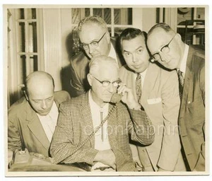 Five Men Anxiously Listen in to A Telephone Call Vintage 1950s Photo - Bild 1 von 1