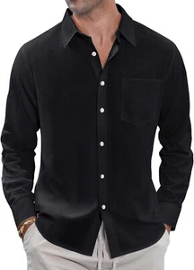 Men's Linen Button Down Shirt - Long Sleeve Casual Beach Summer with Pocket - Picture 1 of 44