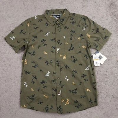 Reef Mens Eric Short Sleeve Small Olive Green Floral Print Button Down Shirt - Image 1 of 4