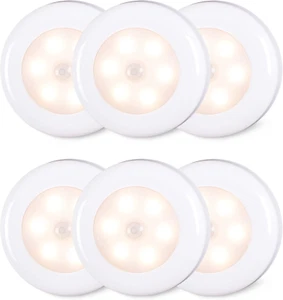 6 Pack Motion Sensor LED Puck Lights - Battery Operated Warm White Indoor Use - Picture 1 of 12