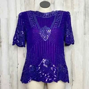 New Year's Eve Vtg 80s Laurence Kazar PURPLE Beaded Sequins Silk Blouse Plus 1X - Picture 1 of 11