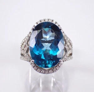 14K White Gold London Blue Topaz and Diamond Halo Engagement Ring December Gift - Picture 1 of 8