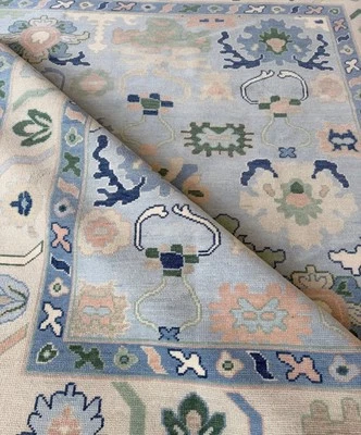 Hand Knotted Rugs 8x10 9x12 10x14 Handmade Area Rugs Blue Wool Modern Oushak Rug - Image 1 of 4