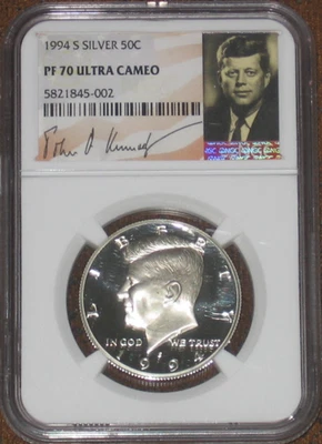 1994 S Silver Proof JFK Kennedy Half Dollar NGC PF70 UCAM PR 50c - Image 1 of 2