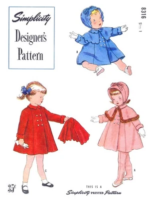 SIMPLICITY 8316 Pattern Double Breasted Coat JACKET BONNET Leggings Hat Toddler - Image 1 of 4