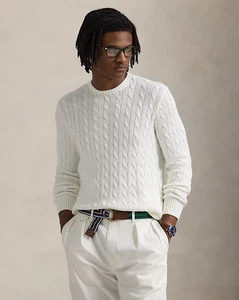 Polo Ralph Lauren Mens Cable Knit Cotton Crewneck Sweater in  White Size XL - Picture 1 of 3