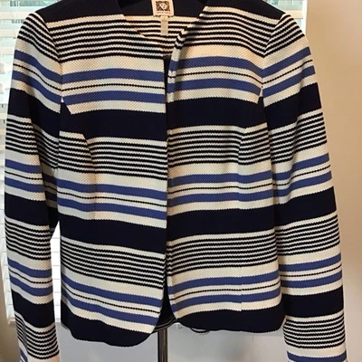 Blazer Anne Klein Azul Blanco Rayas Dobladillo Tulipán Talla 4 Algodón Forrado Ropa Profesional Foto 1 de 4