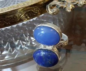 Lapiz Lazuli, Chalcedony  Silver Plated Fashion Ring Size 6.75 - Picture 1 of 3