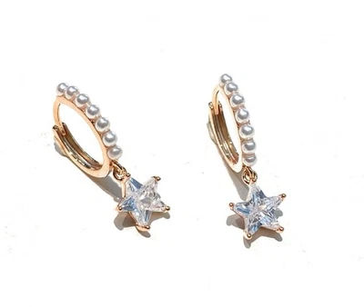 Orecchini a Cerchietto perline bianche Stellina Pendente Argento Rosé - Immagine 1 di 4