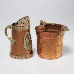 Vintage Tibet Tibetan Copper Brass Pitcher and Repousse Pail Dragons 2 PC Lot - Bild 1 von 7
