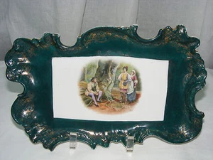 Vintage Rosalind Pottery Green Tray Gold Trim Victorian Scene Austria - Picture 1 of 6