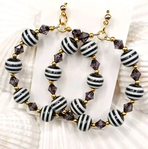 Nautical Black White Stripe Chunky Large Hoop Hooped Earrings Gold Plated Studs - Picture 1 of 11