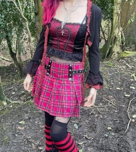 Hell Girl rosa Schottenkaro Punk Rock Emo kariert Plissee Mini Schnalle Skaterrock - Bild 1 von 7