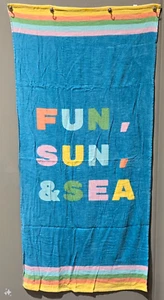 FUN SUN & SEA Blue & Pastel Striped 100% Soft Cotton Beach Towel 28" x 58" - Picture 1 of 5