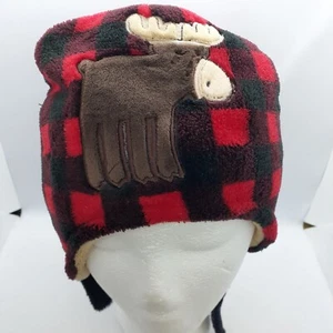 Flapjack Cute Kids Hat Bear & Moose Reversible Winter Hat Beanie Red Plaid EUC - Picture 1 of 7