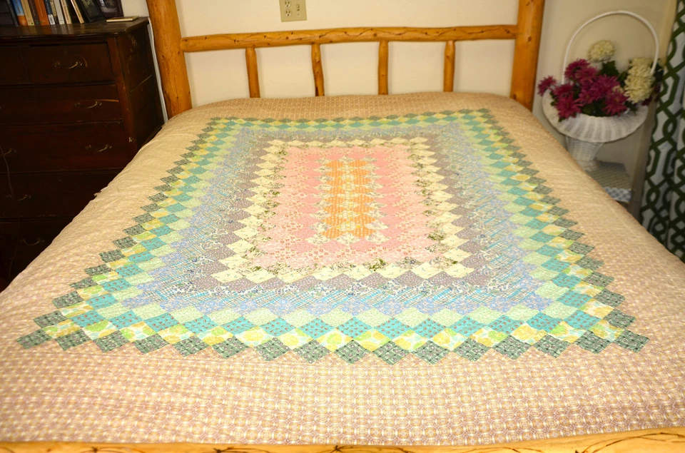 Rainbow Block Quilt Vintage 1950s Handmade 81x70 Feed Sack Cottage Chic Lined - Image 1 of 4
