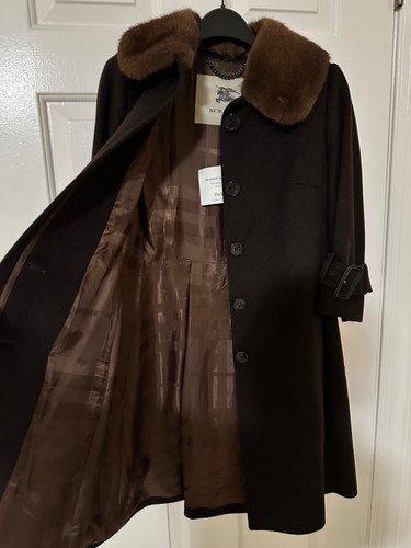 Eccellente cappotto Burberry 100% cashmere con collare in pelliccia di visone taglia 2 XS so vecchi