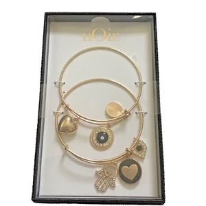 Noir Set of 2 Wire Bracelets Gold Evil Eye Heart Hand Fashion Jewelry NWT - Picture 1 of 3
