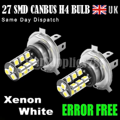 2x H4 CANBUS HEADLIGHT BULBS 27 SMD LED ERROR FREE XENON WHITE H4 BULBS  - Image 1 of 4