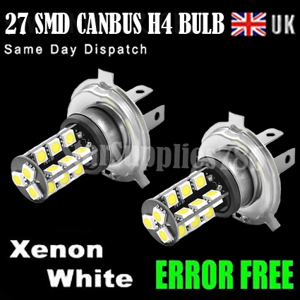2x H4 CANBUS HEADLIGHT BULBS 27 SMD LED ERROR FREE XENON WHITE H4 BULBS  - Image 1 of 4