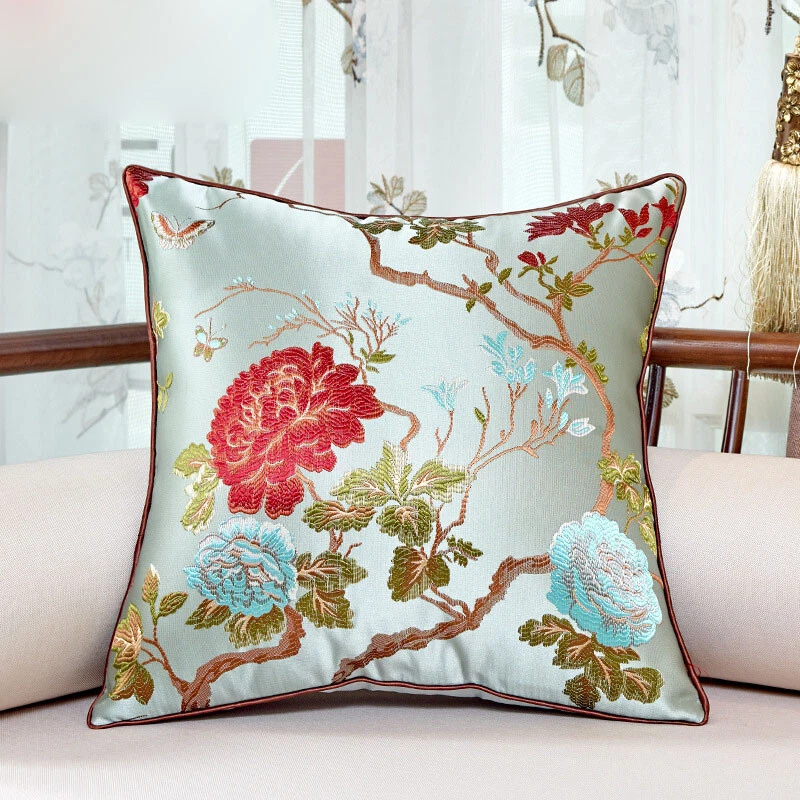 Silk Flower Satin Pillowcase Chinese Luxurious Embroidery Sofa Cushion Cover - Image 1 of 4