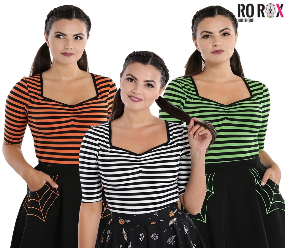 Hell Bunny Warlock Top Striped Punk Retro Rockabilly Stretchy Half Sleeve Tee - Image 1 of 1