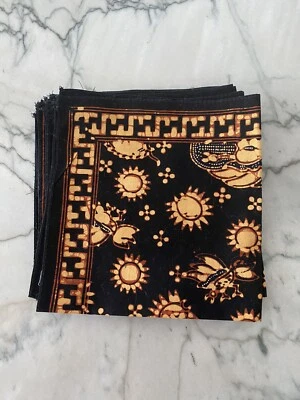 Set of 6 Batik Cotton Square Lunch Napkins 14" x 14" Black Brown Rust Vintage - Image 1 of 4